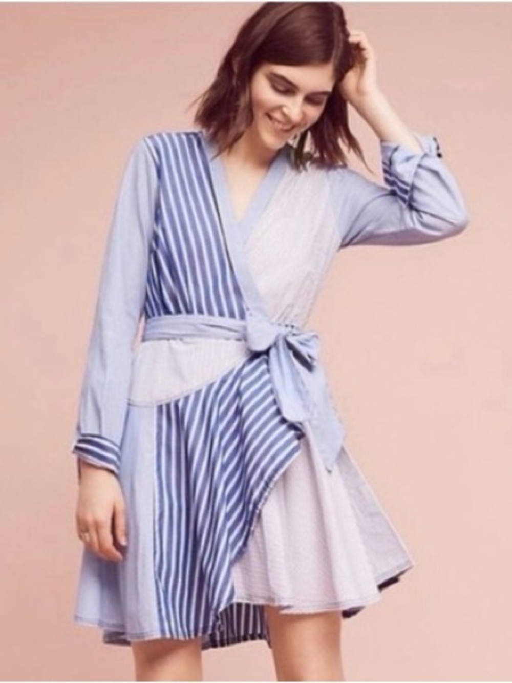 Anthropologie Maeve Sz 6 Newport Blue Stripped Nautical Cotton Ruffle Wrap Dress